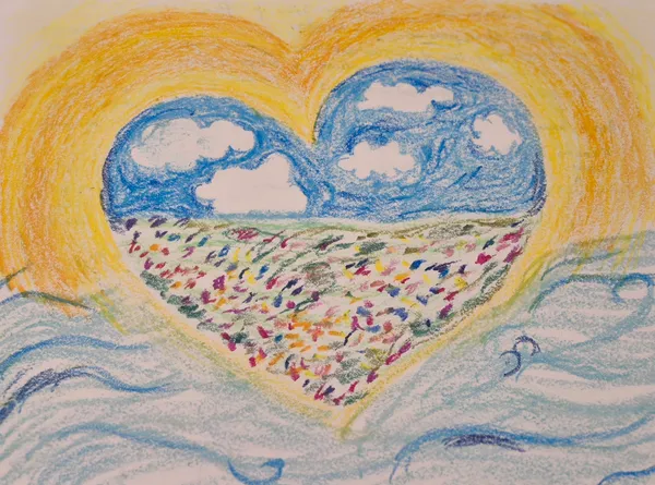 A colourful heart-shaped landscape painting